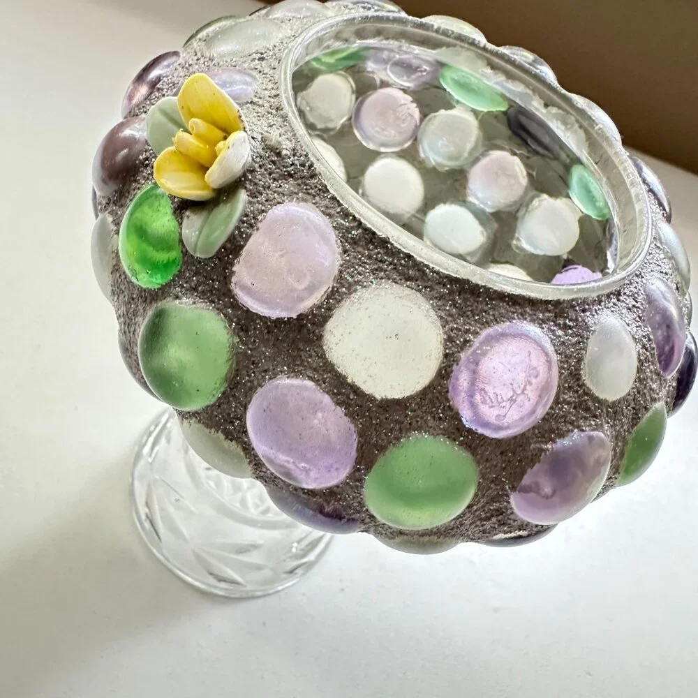Handmade Glass‎ Pebble Cement Votive/Small Plant Holder Pearl Detail Floral